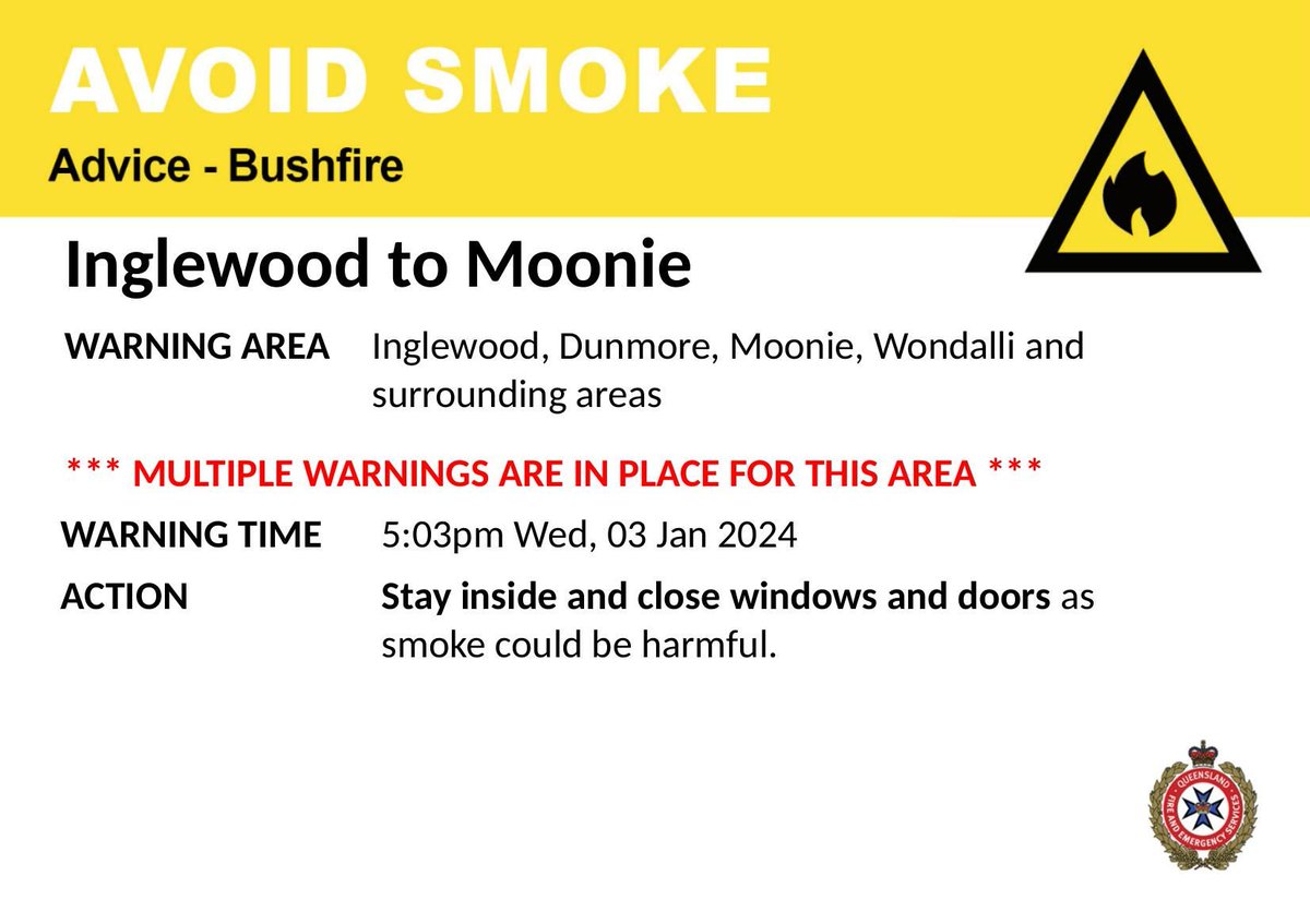 AVOID SMOKE - Inglewood to Moonie - Multiple Warnings - fire as at 5:03pm Wednesday, 3 January 2024. For all current warnings, updates and mapping go to qfes.qld.gov.au/Current-Incide….