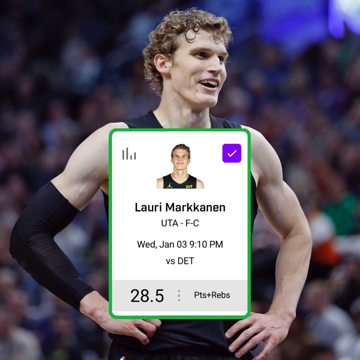 PrizePicksValue's tweet photo. 🚨 #NBA VALUE PLAY: Lauri Markkanen O28.5 Points + Rebounds! 🔒

📊 @propsdotcash 

#PrizePicks | #GamblingX https://t.co/tVT8CPelPE