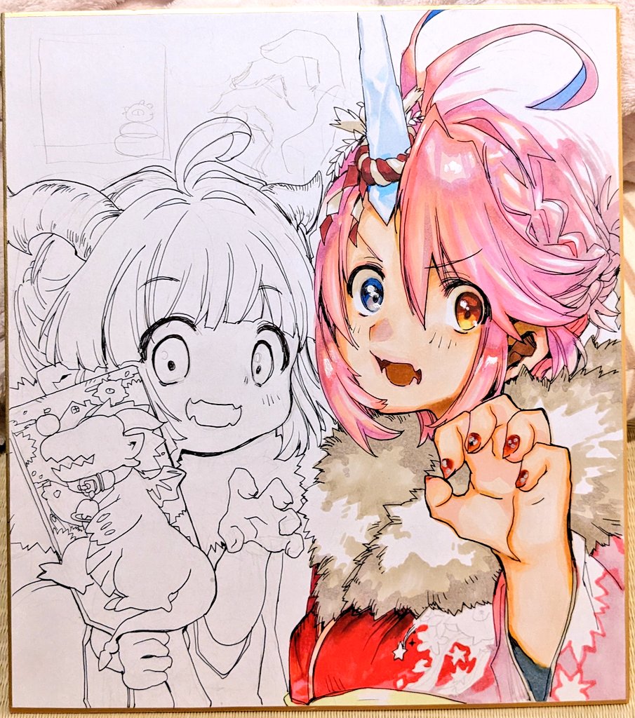 「年賀色紙wip いもたろうにかわいいね～て言われた(いもたろうはピンクが好きなの」|成田芋虫🦭🤘Killing4巻5巻夏発売！予定！のイラスト