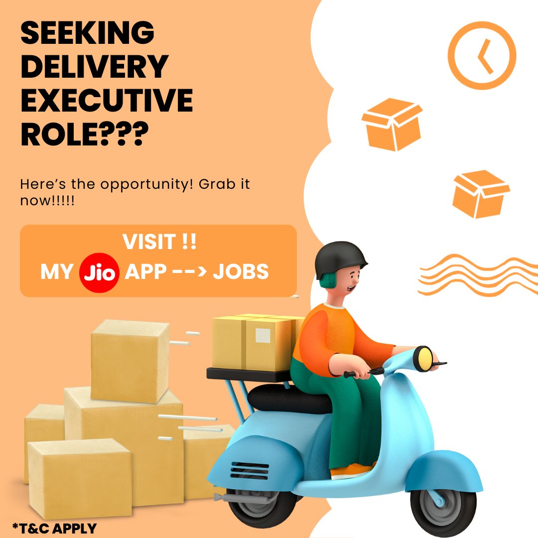 Get set, go for delivery jobs! 🚚 Express your interest in the delivery role via MyJio App's Jobs section. Your chance to make a difference begins here!🌟

Please note: We don't assure any job placements. Availability depends on posted openings in your chosen field. This is an
