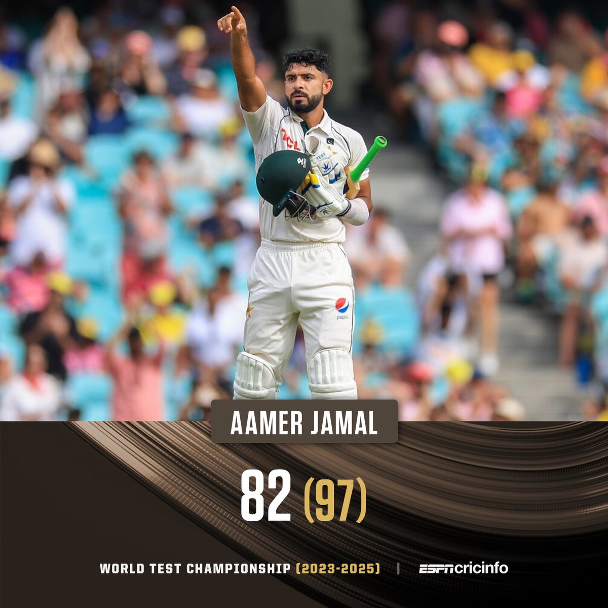 cricinfo's tweet photo. Dropped on 13 by Nathan Lyon, Aamer Jamal made sure to make the most of his second life 👏

He is now the FIRST Pakistan player with a 50+ score and a 5+ wicket haul in his debut Test series 🥇 https://t.co/h8aPNxNQZ0 #AUSvPAK https://t.co/1629tczzZO