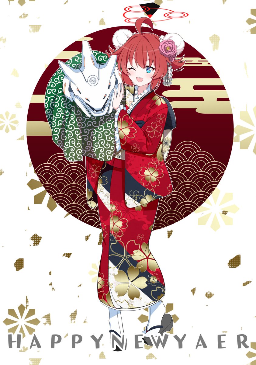 maki (blue archive) 1girl japanese clothes double bun one eye closed red hair hair bun kimono  illustration images