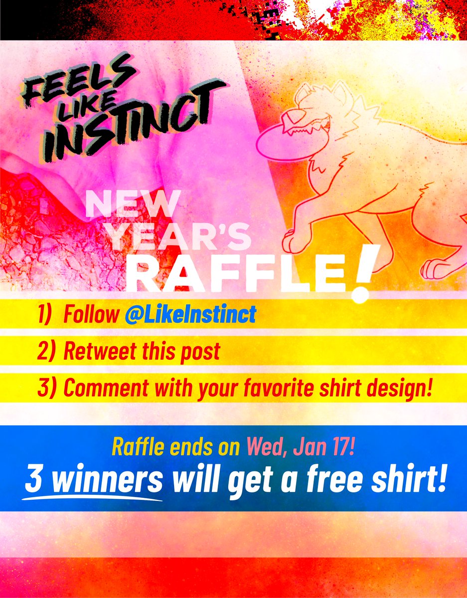 LikeInstinct's tweet photo. >> T-SHIRT RAFFLE !! <<

FEELS LIKE INSTINCT is kicking off the new year with a T-shirt raffle!   

HOW TO ENTER: just follow, retweet, and comment with your favorite shirt design from the image (1-6) !  

Ends Wed Jan 17!  
❕3 winners will get a free shirt!! https://t.co/DbRiQ73q6J