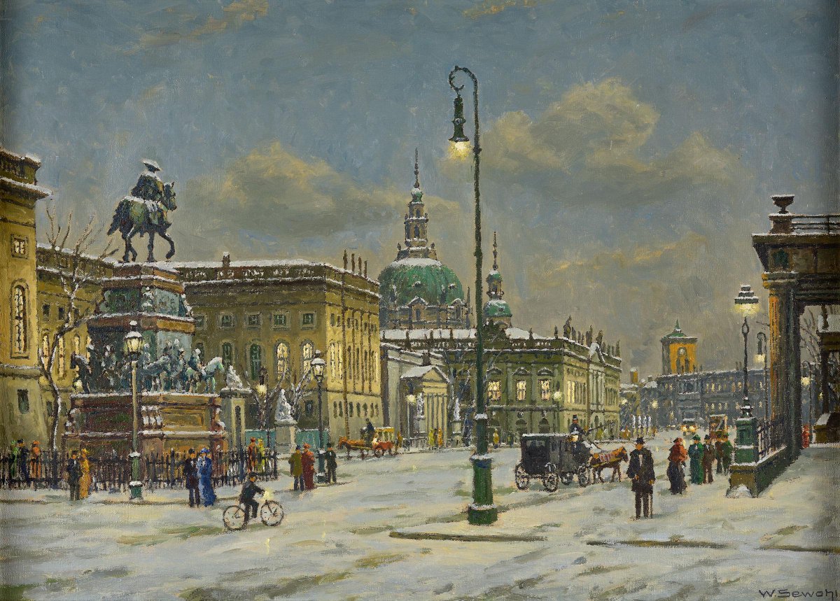 "Unter den Linden in Winter" whispers 19th century but is a 1920 #Berlin painting by GER artist Waldemar Sewohl. Of whom Adolph Donath wrote in 1920: "His art may not be dazzling, but it has a flowing craftsmanship with a corresponding sense of colouristic effects." Enough said😉