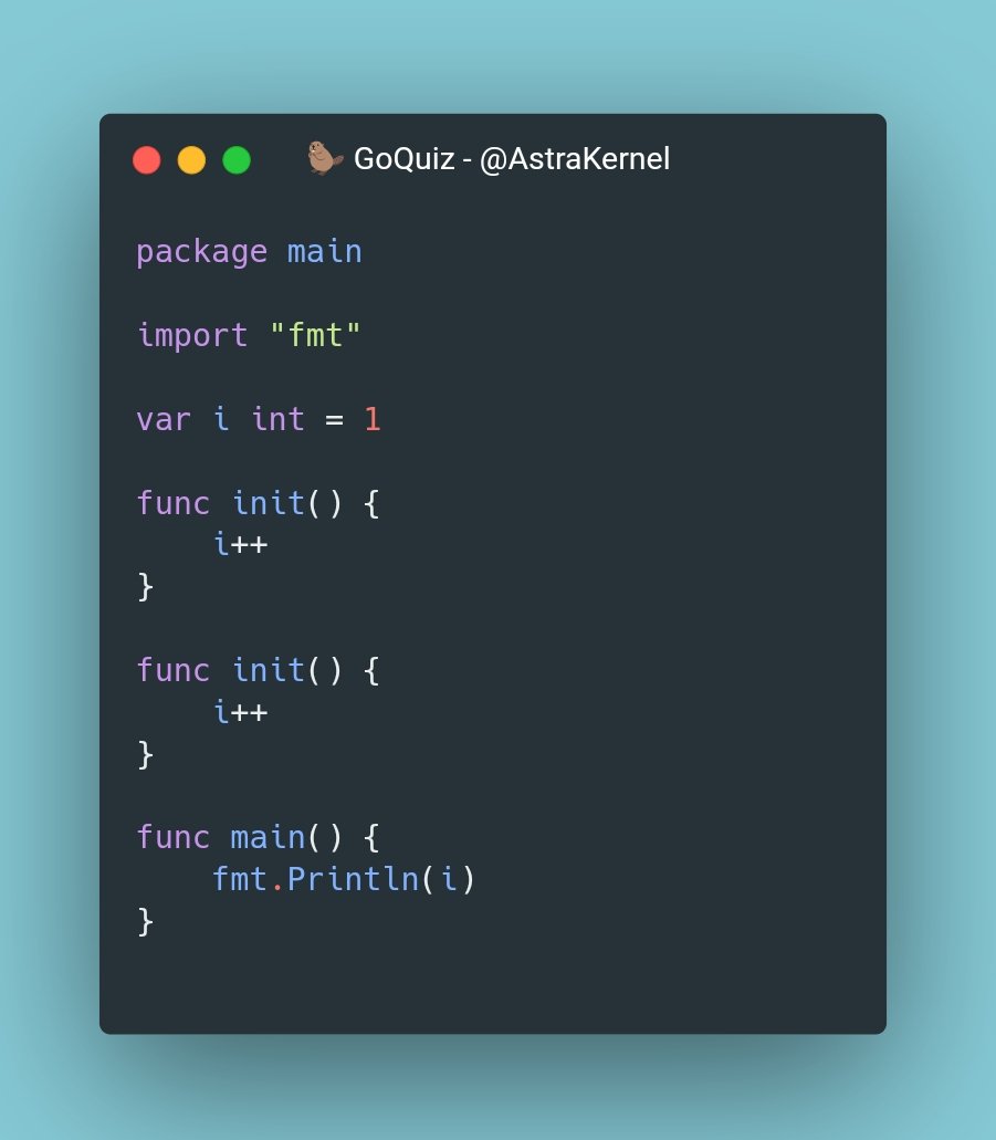 AstraKernel's tweet image. 🦫 #GoQuiz

What is the output?

A. Prints 1
B. Prints 2
C. Prints 3
D. Compilation error
E. Run time error

#golang #golangquiz #developers #go