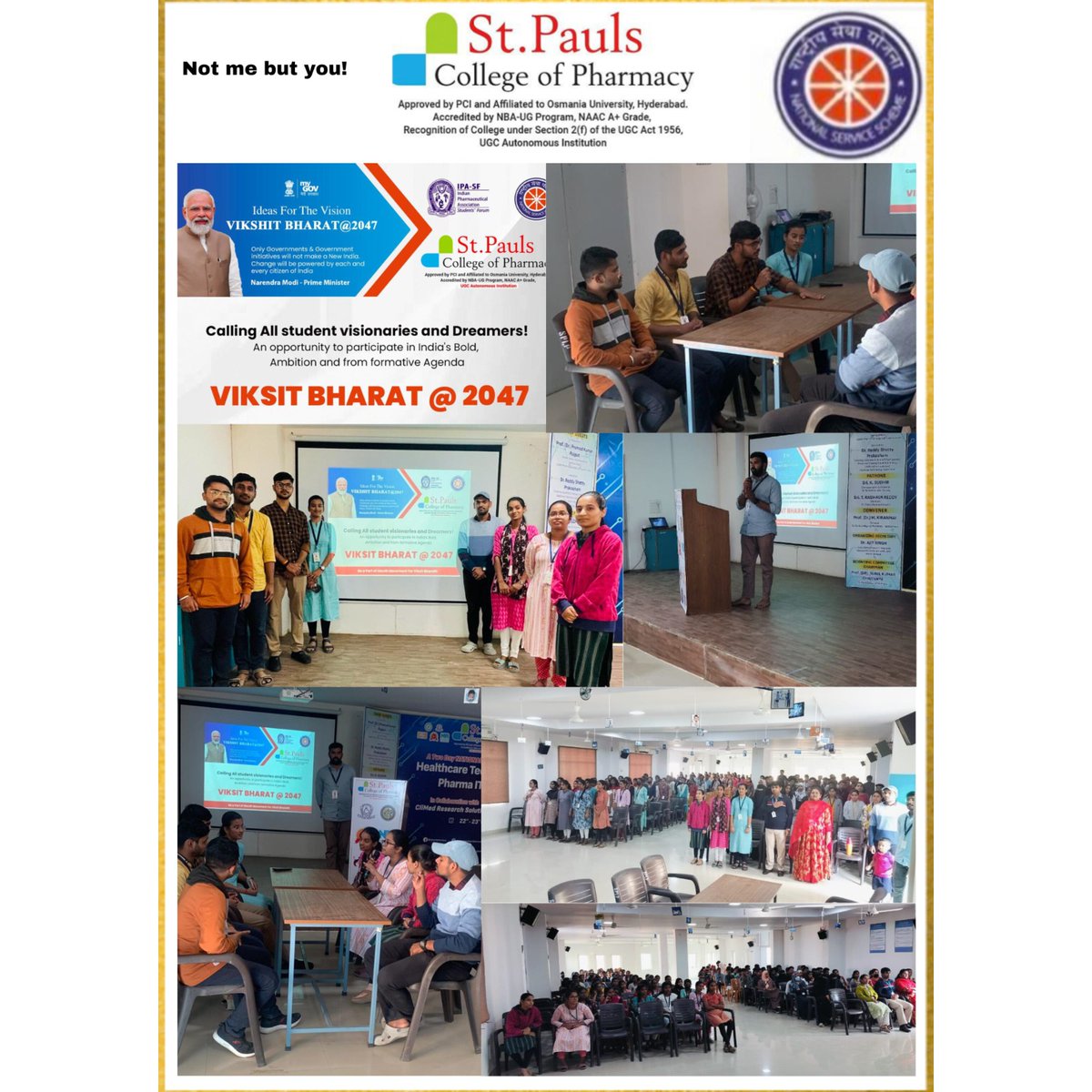 We NSS St. Pauls Unit have organised a seminar on #India's #AmritKal & things to be developed to make 𝐈𝐧𝐝𝐢𝐚 𝐚𝐬 𝐚 #ViksitBharat.

#StPauls #StPaulsPharmacyCollege #ViksitBharat2047 #Seminar #Ideas #Development #Opportunities #Technologies #GroupDiscussions #Debates #Topics