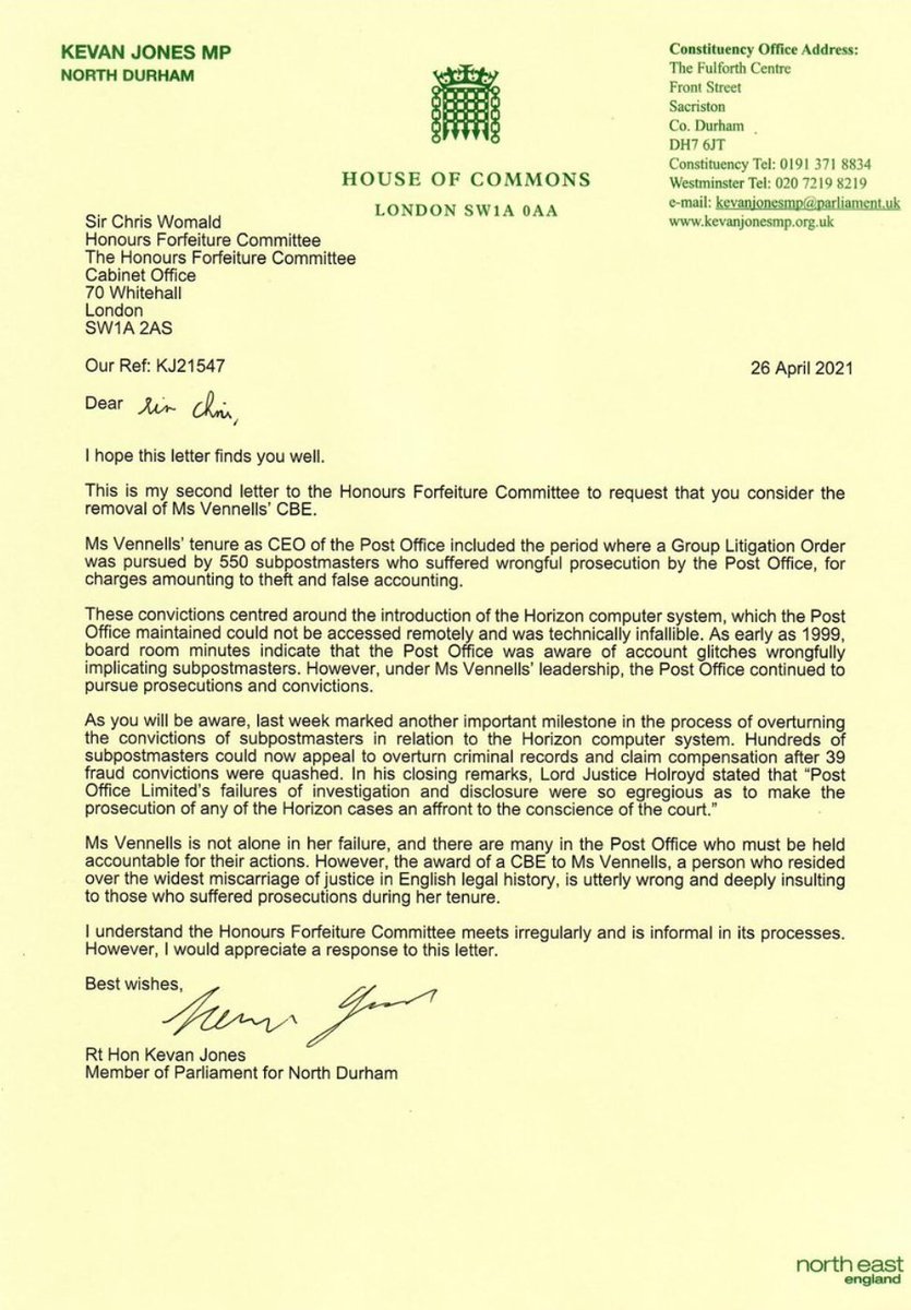 Paula Vennells, CEO of Post Office, given CBE 2019 "for services to the Post Office and to charity"

Alan Bates has refused an OBE while she retained hers. #MrBatesvsPostOffice 

For years Labour @KevanJonesMP has been officially asking for her CBE to be withdrawn.

Here is his