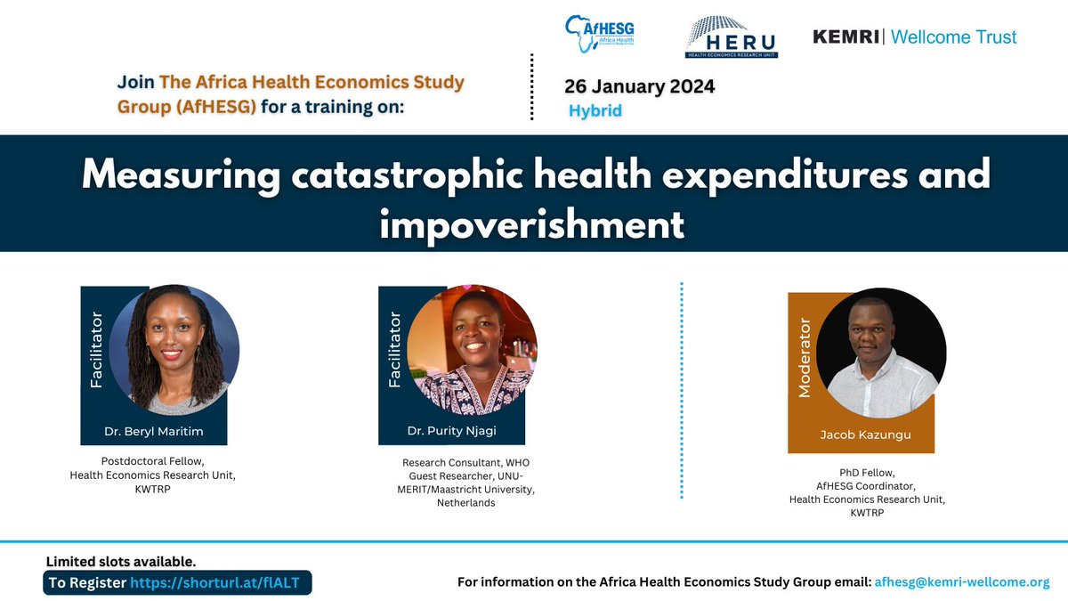 HERU|KEMRI-WT (@heru_kemri_wt) on Twitter photo Training Alert!!!
Are you keen on building your capacity in #HealthEconomics?
Here's the first of the 2024 #AfHESGTraining sessions.
Topic: Measuring financial risk protection - CHE & Impoverishment
Date: 26/01/2024
Registration link: shorturl.at/flALT
<a href="/PurityNjagi/">Purity Njagi</a> Training Alert!!!
Are you keen on building your capacity in #HealthEconomics?
Here's the first of the 2024 #AfHESGTraining sessions.
Topic: Measuring financial risk protection - CHE & Impoverishment
Date: 26/01/2024
Registration link: shorturl.at/flALT
<a href="/PurityNjagi/">Purity Njagi</a>