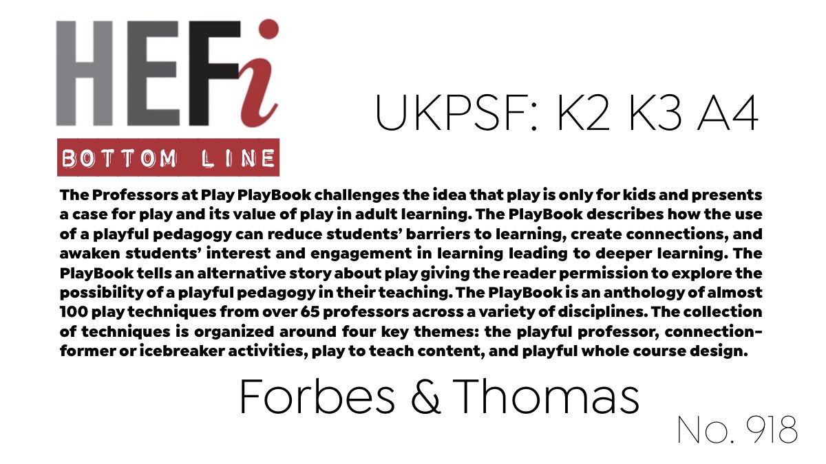 #BottomLine No. 918: Professors at Play Playbook - Real-world techniques from a more playful higher education classroom Edited by Lisa Forbes & David Thomas professorsatplay.org Read press.etc.cmu.edu/books/professo…