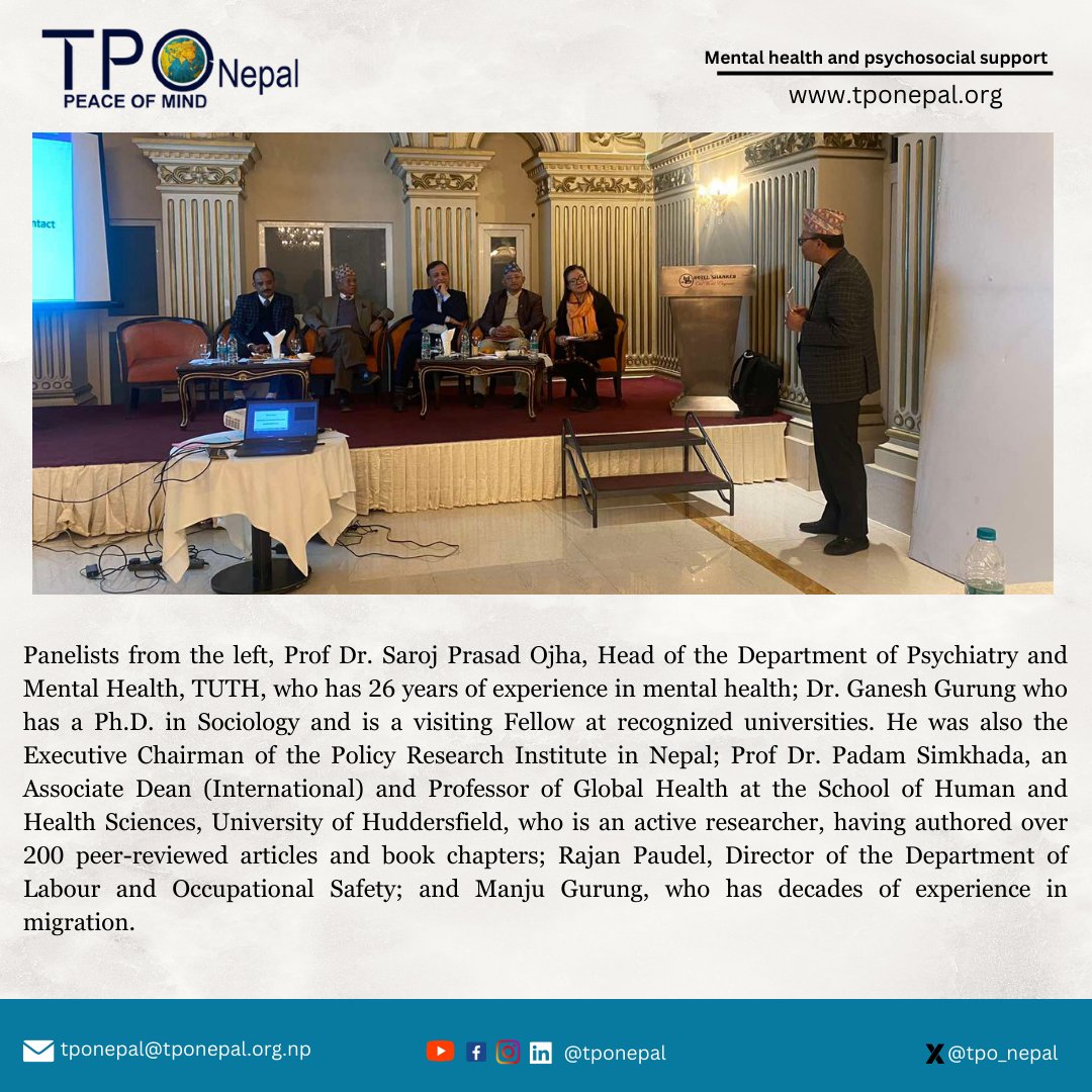 tpo_nepal's tweet photo. A few glimpses from the #nationallevelworkshop on #migrationandmentalhealth conducted on Dec 29, 2023, that highlighted the need for a #comprehensiveapproachinvolvinggovernmentpoliciesemployerpracticescommunityinitiatives, & international collaboration for Nepali migrant workers. https://t.co/99Pc8Ur5mR