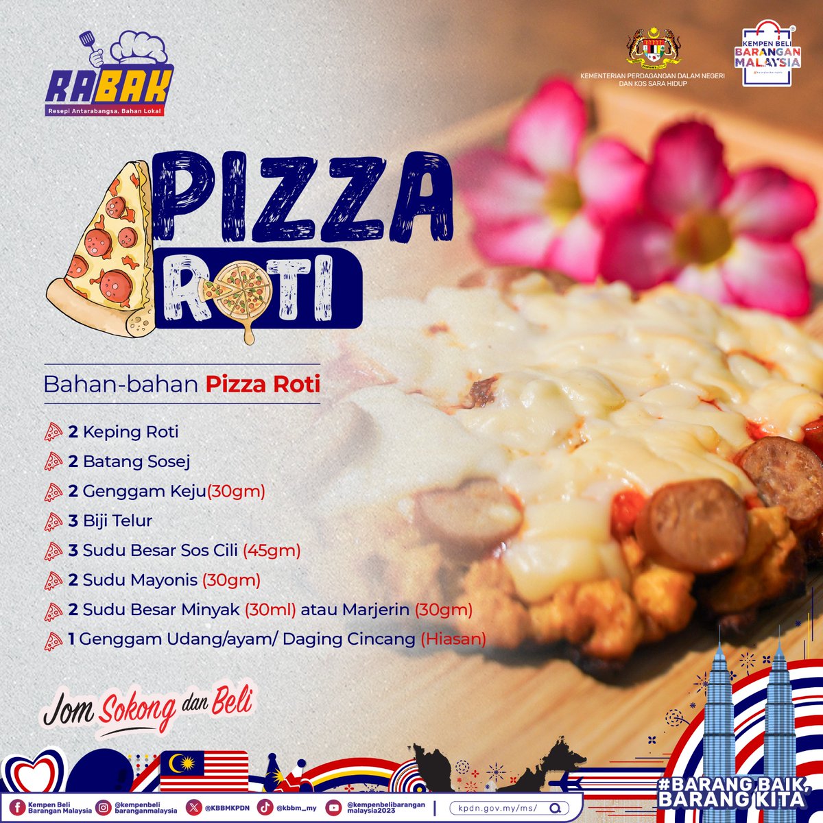 KBBMKPDN's tweet photo. RABAK : Pizza Roti Malaysia!

Episode di Zon Selatan, @putrinatashaaaaa menyajikan Pizza Roti versi produk tempatan! Sesuai untuk dijadikan sajian percutian bersama keluarga di lokasi percutian.

Jom sokong dan beli produk tempatan
Barang Baik, Barang Kita

#sapotlokal https://t.co/2If3hleFo5