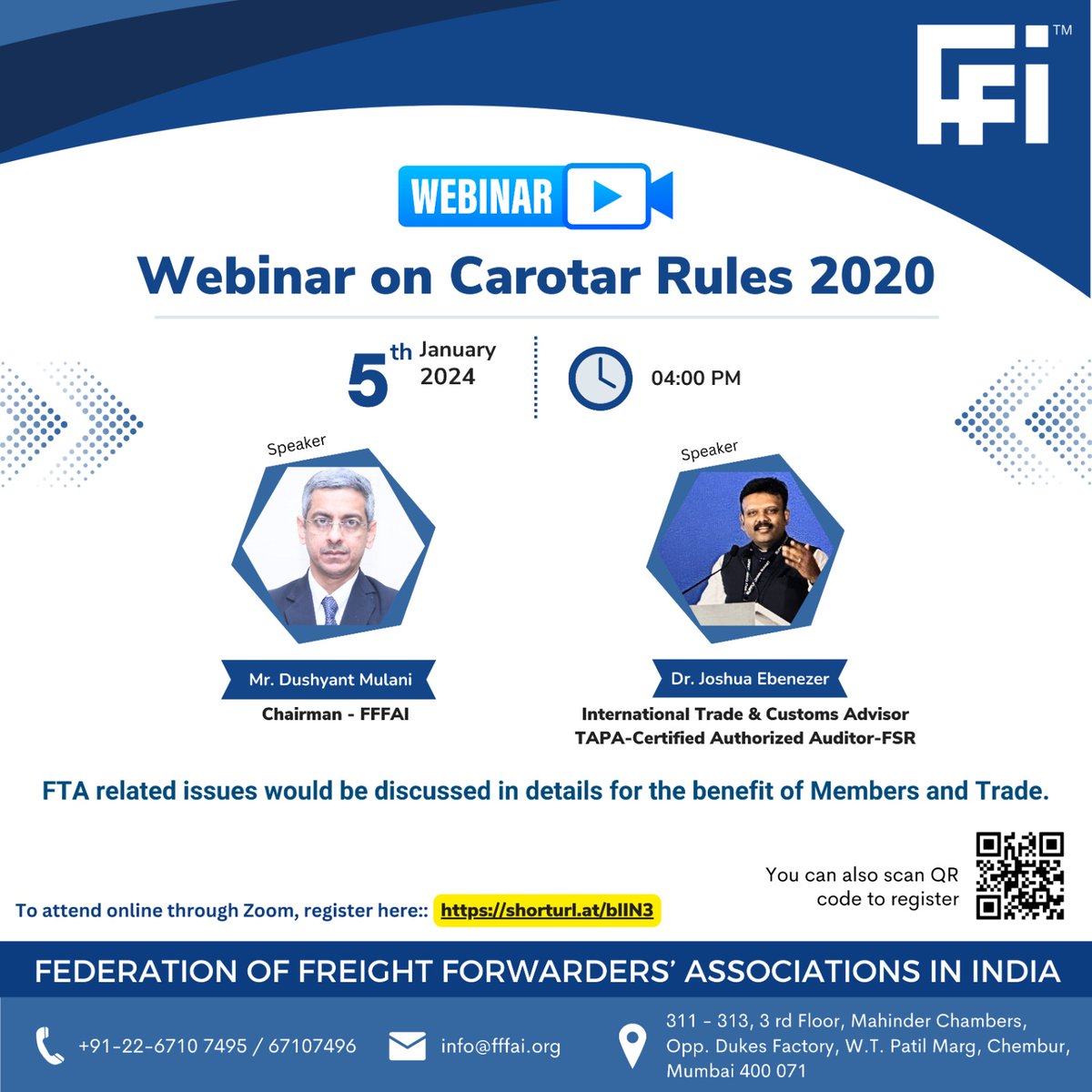 .<a href="/FFFAI_INDIA/">FFFAI - INDIA</a> is organising a webinar on Carotar Rules 2020 on 5th January, 2024. FTA related issues would be discussed in details for the benefit of members and trade. 

Please register here:  shorturl.at/irKLP

#fffai #fffaiwebinar #carotarrules2020  #custombrokers #fta
