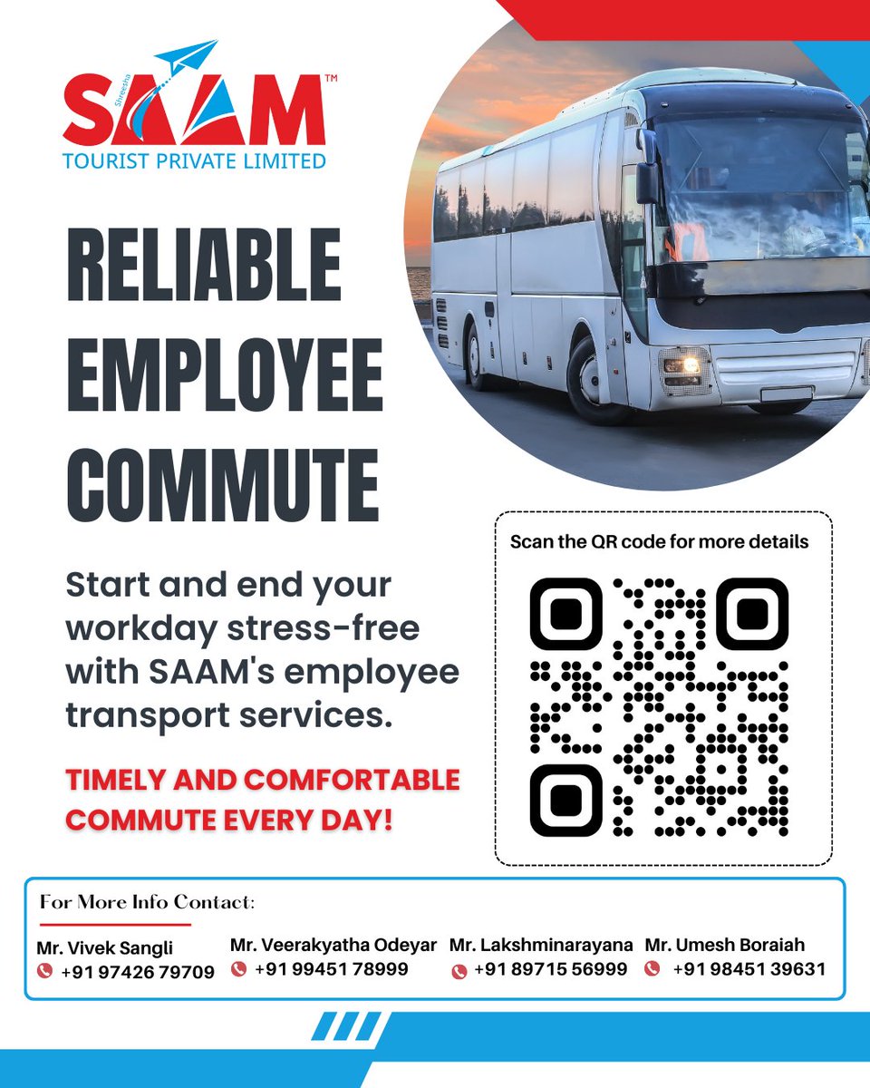 Reliable Employee Commute! Start and end your workday stress-free with SAAM's employee transport services. Timely and comfortable commute every day!
#CorporateTravel #WorkCommute #DailyTravel #corporatetranspotation  #CommuterHappiness #SAAMComfort #OfficeCommute #SAAMforBusiness