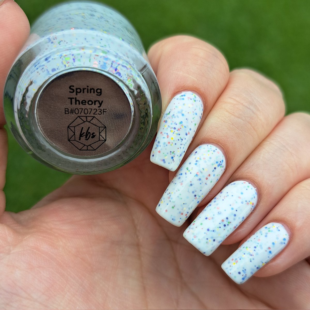 givemesparkles's tweet photo. This week's polish: 'Spring Theory' from @kbshimmer's Plant One On Me collection is a snowy white crelly polish that is loaded with tiny metallic glitters in shades of blue, purple, yellow, green, and pink. Crelly Love! 🫶😍✨️💅 #kbshimmer #indienailpolish #givemesparkles https://t.co/7Cde8ylR6F