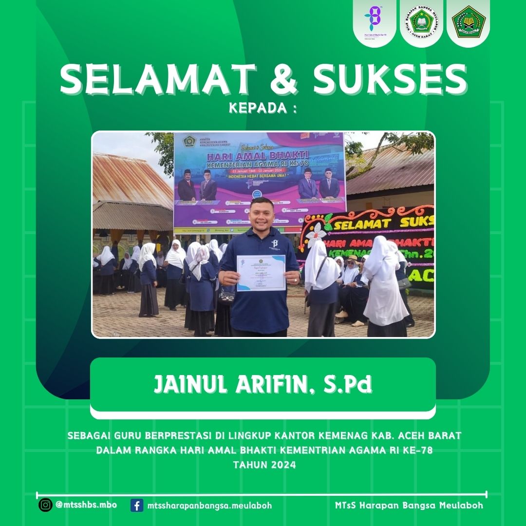 mtsshbsmbo's tweet photo. Halo #HarapanMuda !!
Selamat &amp; Sukses..!!
Bpk Jainul Arifin, S.Pd atas prestasinya menjadi Guru Berprestasi Di Lingkup Kantor Kemenag Kab. Aceh Barat,
dalam Rangka Hari Amal Bhakti Kementrian Agama RI Ke-78 Tahun 2024..!!
#HarapanMuda !
#Semangat

#mtsshbsmbo https://t.co/s55yQCpxJz