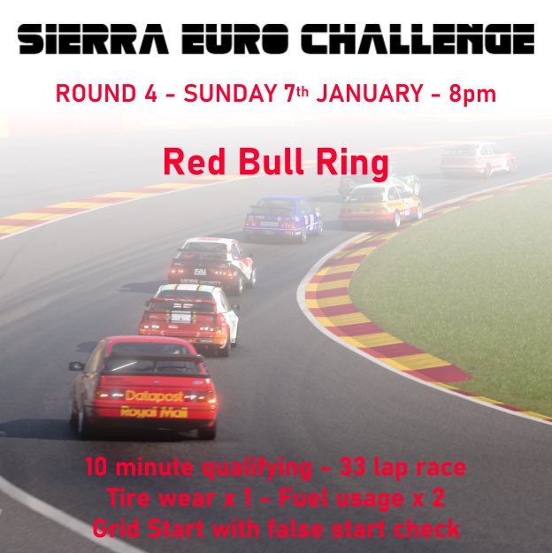 🏁 ROUND 4 - SUNDAY 7th JANUARY 🏁 ▪️10 minute qualifying ▪️33 lap race ▪️Tire wear x 1 - Fuel x 2 See you there!