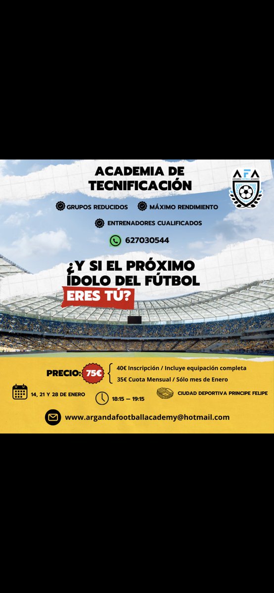 Buenas a todos, os adjunto información en la imagen acerca de la academia de tecnificación que vamos a empezar todos los domingos en Arganda del Rey por si estáis interesados.

Este enero empezamos con una Oferta de Año Nuevo, por 75€!!