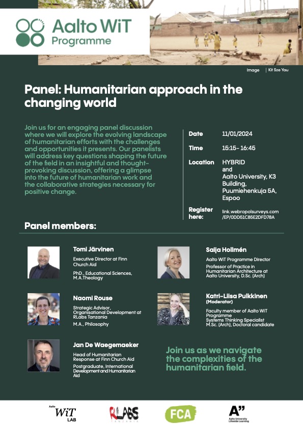 FCA_global's tweet photo. 💚Passionate about humanitarian issues?
🇫🇮In the Helsinki/Espoo area this month?
⬇️ Join experts like FCA's Tomi Järvinen & @JanDW_WCH for a panel at @AaltoUniversity on Jan 11th.
https://t.co/h2LZY9m3Yn
#WiTProgramme
#WiTLAB
#HumanitarianArchitecture
#ResilientCommunities https://t.co/Yfqt942PXp