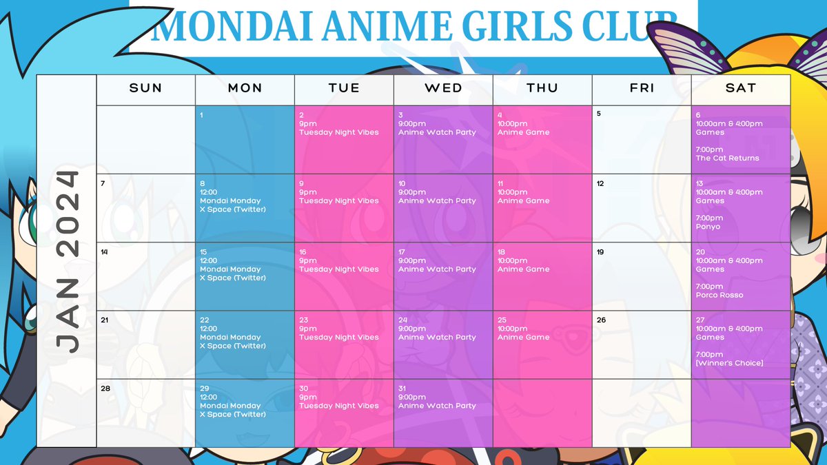 Our first calendar of 2024 is up! Let us know what you want to watch, we'll resume watch parties and play  anime games! Cheers! #MondaiAnimeGirlsClub #MAGC