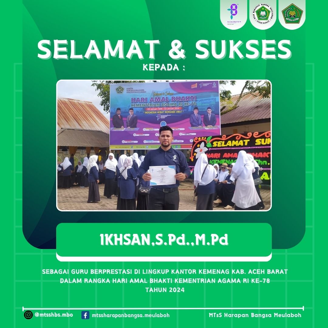 mtsshbsmbo's tweet photo. Halo #HarapanMuda !!
Selamat &amp; Sukses..!!
Bpk Ikhsan, S.Pd.,M.Pd atas prestasinya menjadi Guru Berprestasi Di Lingkup Kantor Kemenag Kab. Aceh Barat,
dalam Rangka Hari Amal Bhakti Kementrian Agama RI Ke-78 Tahun 2024..!!
#HarapanMuda !
#Semangat

#mtsshbsmbo https://t.co/BPohMYV71v
