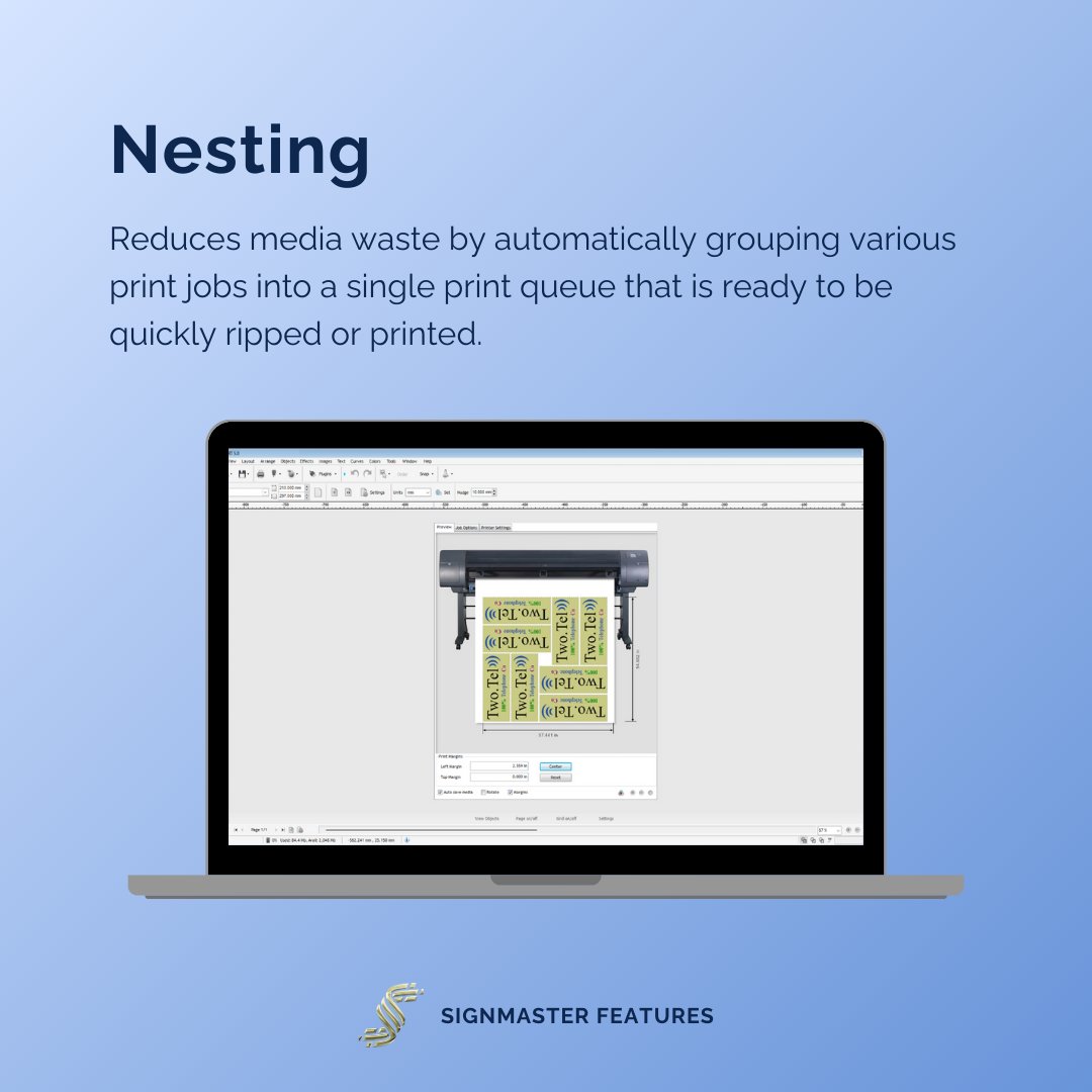 SignMaster takes printing efficiency to the next level with Nesting! 🔄🖨️ Seamlessly merge separate print jobs into one queue, ready to print or RIP. Minimize media waste and maximize productivity. #SignMaster #PrintEfficiency #DesignSmart