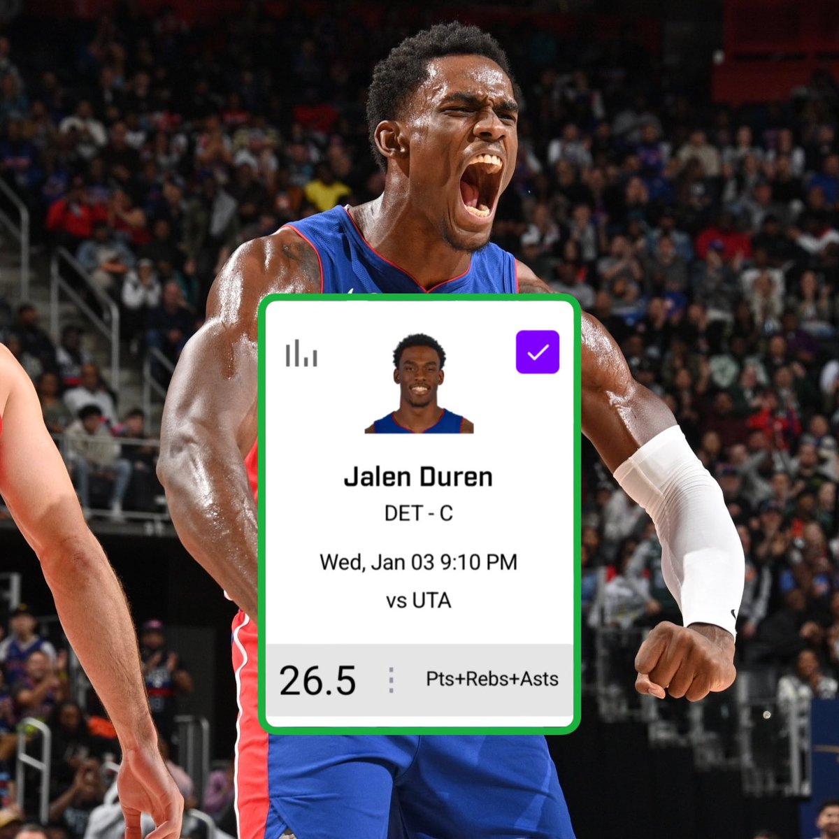 PrizePicksValue's tweet photo. 🚨 #NBA VALUE PLAY: Jalen Duren O26.5 PRA! 🔒

📊 @propsdotcash 

#PrizePicks | #GamblingX https://t.co/ADSlQjGSDu