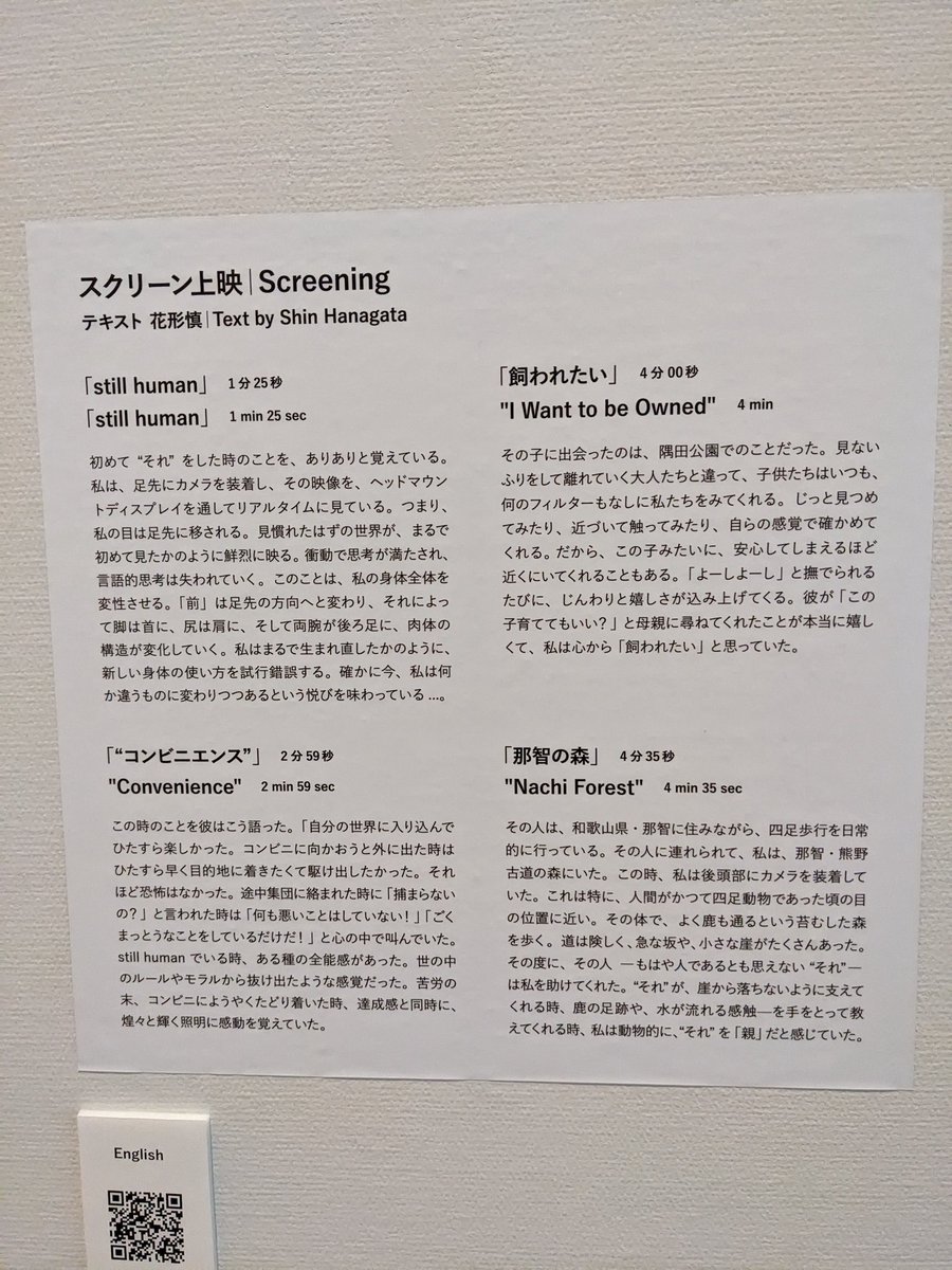 東京都現代美術館の「シナジー、創造と生成のあいだ」。花形槙さんの映像作品が好きでした。全身黒タイツで、爪先等に装着したカメラの映像をヘッドマウントディスプレイでリアルタイムに見ながら衆人環視の中でパフォーマンスを行うという作品。映像作品は撮影禁止なので図案とキャプションだけでも。