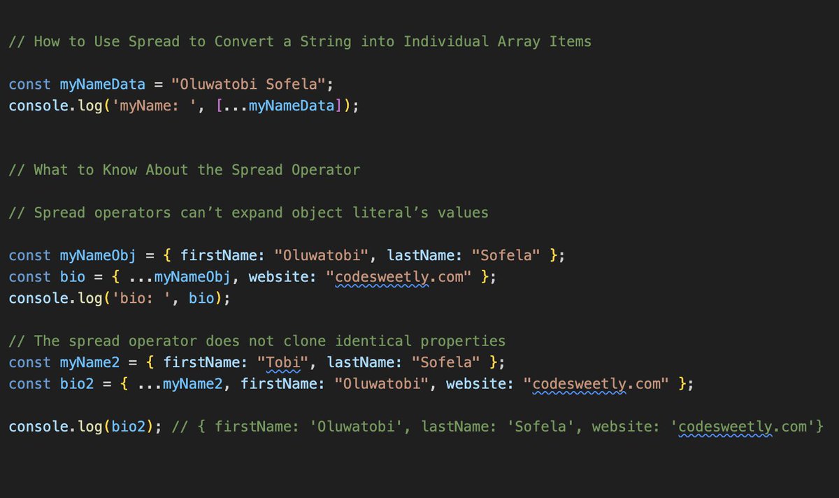 NeelamLatwal's tweet photo. Day 14 of #100DaysOfCode: Exploring the power of rest and spread operators in ES6 JavaScript! 🚀💻 Time well spent learning these versatile tools! 
#codewithJSK #JavaScript #ES6 #CodingJourney https://t.co/CXnv3grwal