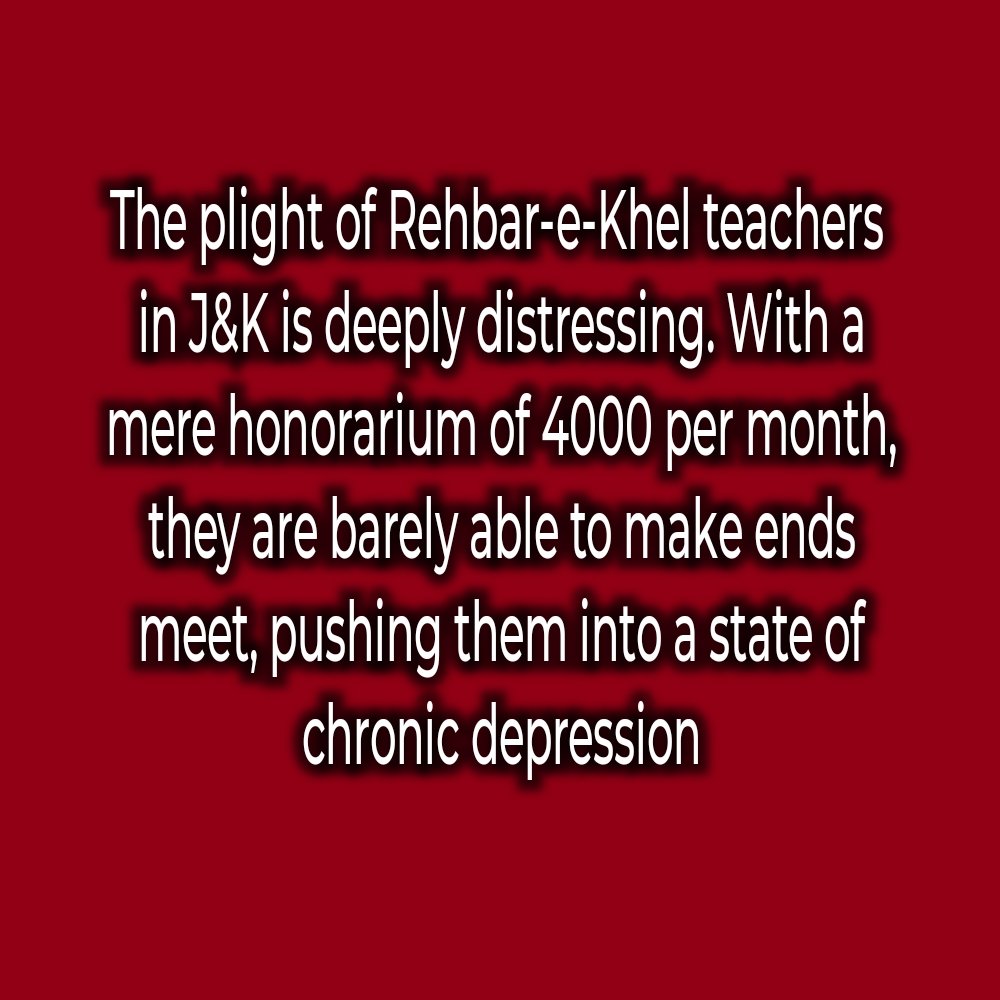 The plight of Rehbar-e-Khel teachers in J&amp;K is deeply distressing. With a mere honorarium of 4000 per month, they are barely able to make ends meet, pushing them into a state of chronic depression <a href="/manojsinha_/">Manoj Sinha</a> <a href="/DullooAtal/">Atal Dulloo</a> <a href="/pefindia/">Pefindia</a> <a href="/ianuragthakur/">Anurag Thakur</a> <a href="/ShaukatAJKRKTF/">Shaukat Khan</a>