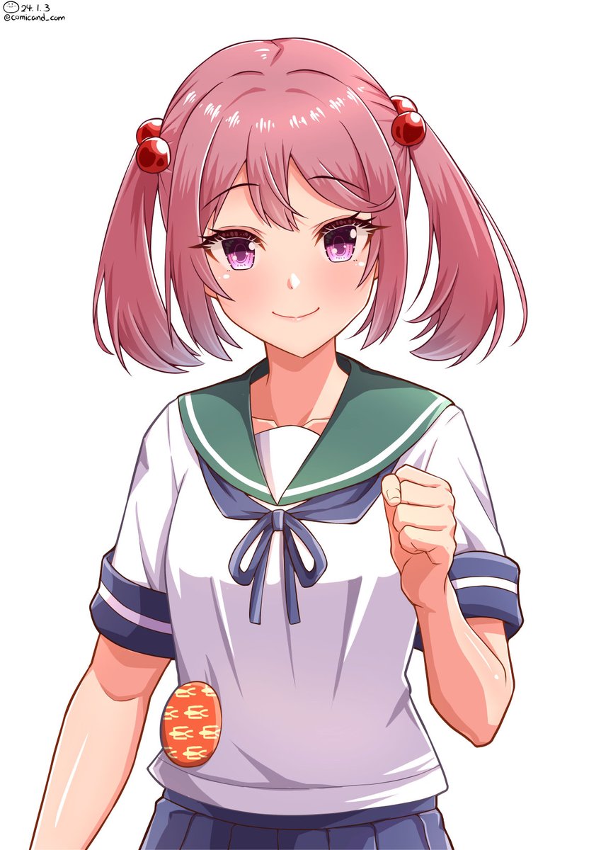 sazanami (kancolle) 1girl solo badge school uniform pink hair serafuku twintails  illustration images