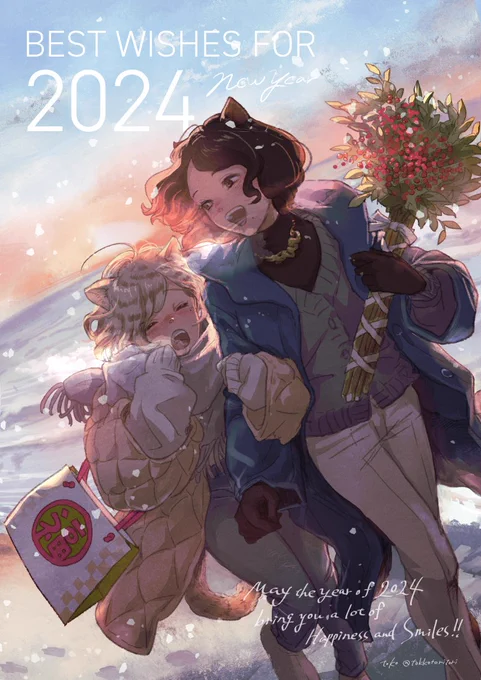 2024年描き初め!うちのこのトリシャとピッピでご挨拶～ 本年も何卒よろしくお願いいたします みなさまに心穏やかに笑顔で過ごせる日々が1日でも多く訪れますように #oc