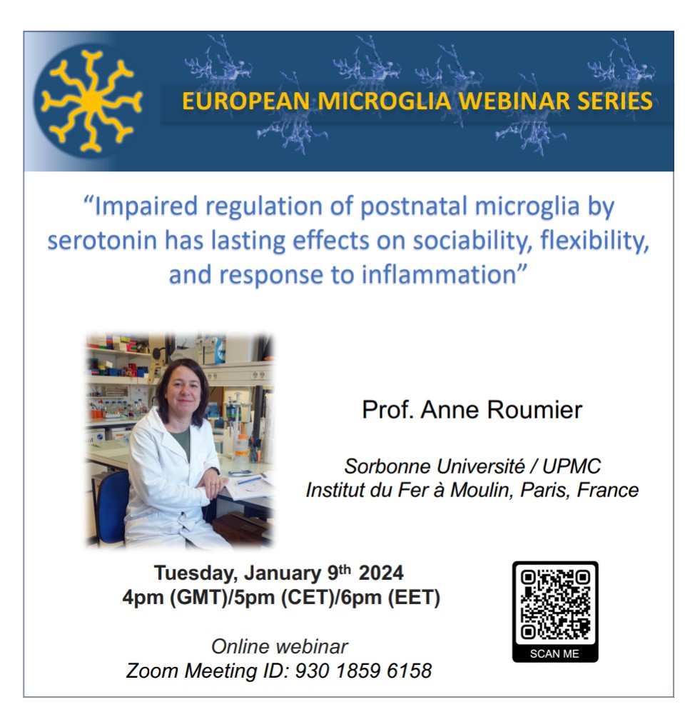 Happy new year microglia lovers🥂 We will start the 2024 webinar series with a talk by Prof. Anne Roumier on the effects of serotonin on postnatal microglia. Check all the information on the flyer ⬇️