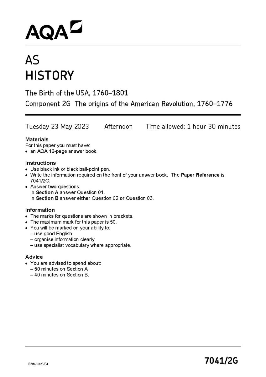 paper29397's tweet image. AQA AS HISTORY PAPER 2 2023 (7041/2G: The Birth of the USA, 1760–1801 Component 2G The origins of the American Revolution, 1760–1776)  
#AQAAS #historypaper2 #7041/2G #fliwy 
fliwy.com/item/378876/aq…