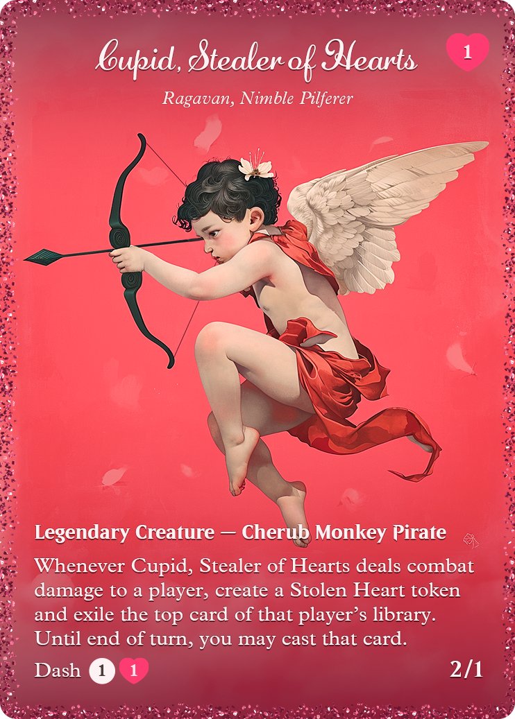 AlfiesCreative's tweet photo. 😍Love at first sight?😍

Testing layouts for a new valentines promotion card where Ragavan, Nimble Pilferer turns into Cupid, Stealer of Hearts.

Please tell me your thoughts! https://t.co/61i1WWgXEJ
