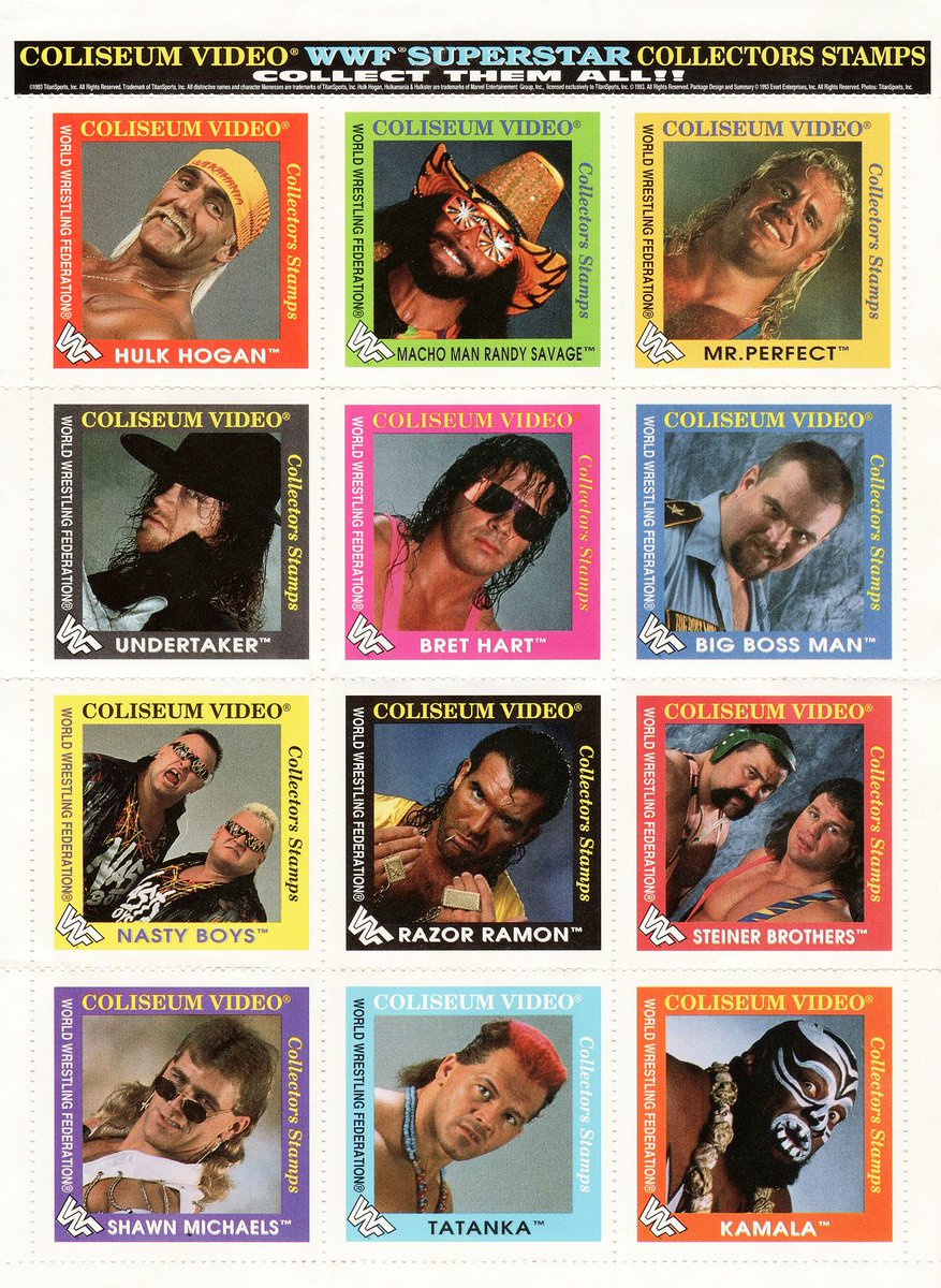 Get a load of these Coliseum Video Collectors Stamps from 1993. 🖃 #WWF #WWE #HulkHogan #RandySavage #MrPerfect #Undertaker #BretHart #BigBossMan #SteinerBrothers #NastyBoys #RazorRamon #Kamala #Tatanka #ShawnMichaels