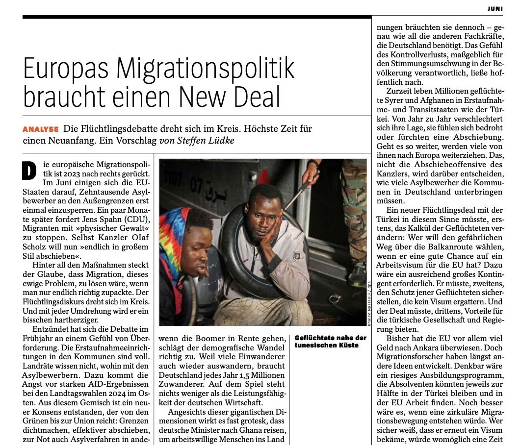 Die Migrationsdebatte dreht sich im Kreis, wird mit jeder Umdrehung ein bisschen hartherziger. Ein Vorschlag für einen europäischen, zumindest aber deutschen New Deal, der Flucht und Fachkräftemangel zusammendenkt - und irreguläre Einwanderung durch legale ersetzt. @derspiegel