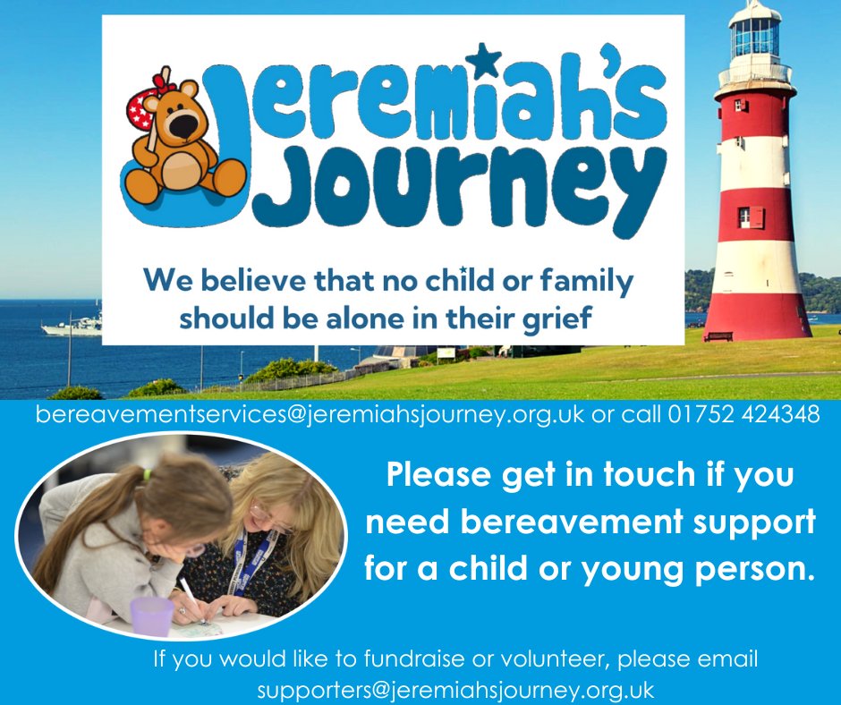 Jeremiah's Journey (@jeremiahsjourne) on Twitter photo As the new year begins, please remember that we are here for bereaved children and young people in our city and the immediate areas.
If you need support,
Email bereavementservices@jeremiahsjourney.org.uk or call 01752 424348
#grief #bereavement #children #charity #Plymouth As the new year begins, please remember that we are here for bereaved children and young people in our city and the immediate areas.
If you need support,
Email bereavementservices@jeremiahsjourney.org.uk or call 01752 424348
#grief #bereavement #children #charity #Plymouth