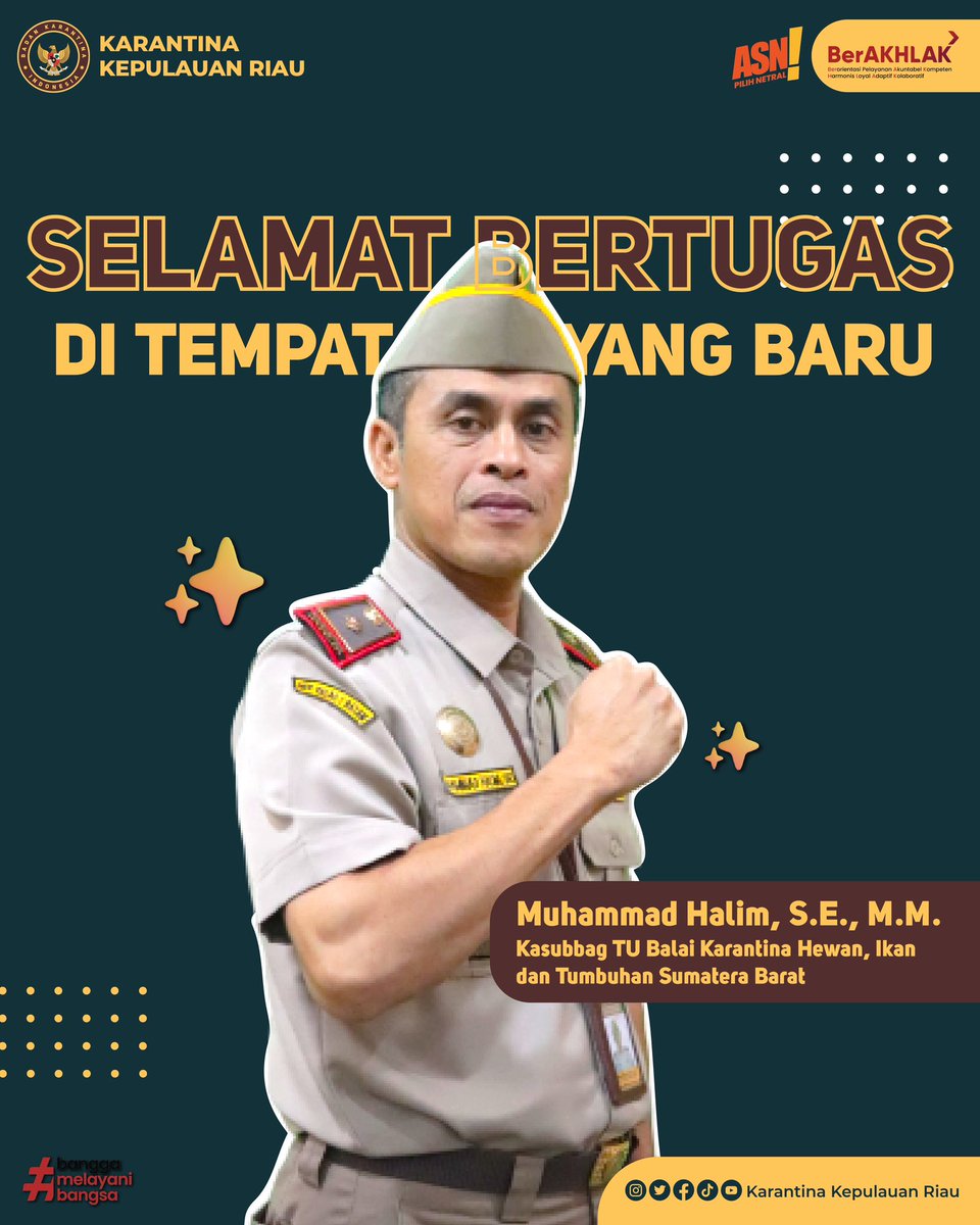 bkpbatam's tweet photo. Segenap keluarga besar Balai Karantina Hewan, Ikan dan Tumbuhan Kepulauan Riau mengucapkan selamat &amp; sukses atas dilantiknya,

Muhammad Halim, S.E., M.M. sbg Kasubbag TU Balai Karantina Hewan, Ikan dan Tumbuhan Sumatera Barat.

#KarantinaPertanian
#KarantinaKepulauanRiau https://t.co/EvBul2NYpf