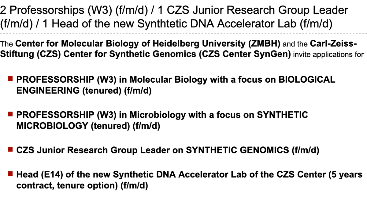 We have openings for 2 professorships, 1 junior research group leader &amp; 1 head of a facility. These positions will be part of the new CZS Center SynGen dedicated to biological engineering &amp; synthetic microbiology. Spread the news or apply: bit.ly/48Getrw