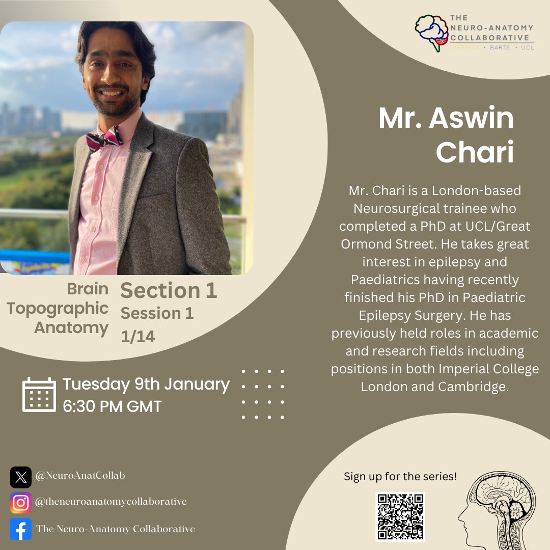NeuroAnatCollab's tweet photo. 📢 FIRST TALK ANNOUNCEMENT

🔥 We are excited to invite Mr. Aswin Chari for our first talk in our '24 teaching series, happening NEXT TUESDAY at 6:30pm ⏰

📺 SIGN UP to access the zoom link: https://t.co/xFR9Sgf81O

#NeuroAnatCollab24 #Neuroanatomy #Neuroscience #MedEd https://t.co/1r3kTga0Zk