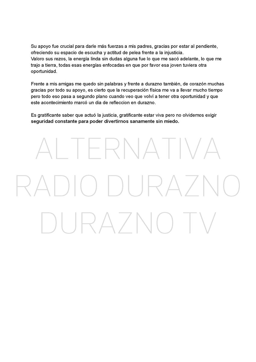 #Durazno Valentina, la joven de 20 años que recibió un balazo en el rostro el pasado 25 de diciembre en la madrugada en las afueras de un baile, nos remitió una carta contando lo que vivió y que espera de nuestra sociedad.