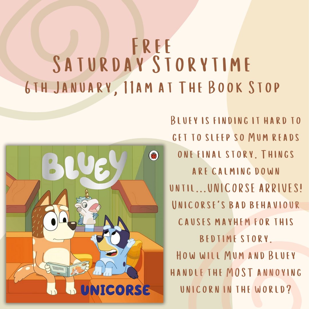 StHBookStop's tweet photo. Join us on Saturday 6th January at 11am for a free Saturday Storytime reading of Bluey Unicorse at The Book Stop!

#freeevent #indiebookshop #whatsoninsthelens #independentbookshop #kidsactivities #bluey #blueybooks https://t.co/ruwgS1it7g