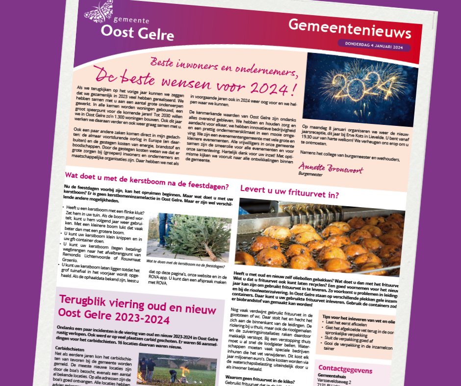 Deze week in het gemeentenieuws: De nieuwjaarswens | De terugblik op de viering van oud en nieuw in Oost Gelre | De Omgevingswet en Wet Kwaliteitsborging in de praktijk | De toegestane bedrijfsactiviteiten op bedrijventerreinen.

🗞️ Lees de artikelen op oostgelre.nl/nieuws.