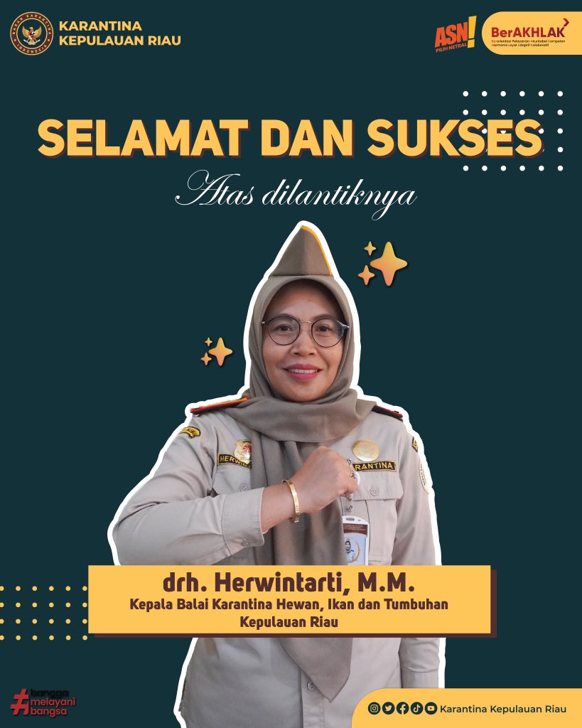 bkpbatam's tweet photo. Segenap keluarga besar Karantina Kepulauan Riau mengucapkan :

Selamat dan Sukses, atas dilantiknya

drh. Herwintarti, M.M.

Sebagai Kepala Balai Karantina Hewan, Ikan, dan Tumbuhan Provinsi Kepulauan Riau.

#PatuhKarantina
#KarantinaIndonesia
#KarantinaKepulauanRiau https://t.co/s2MLfn4xoL