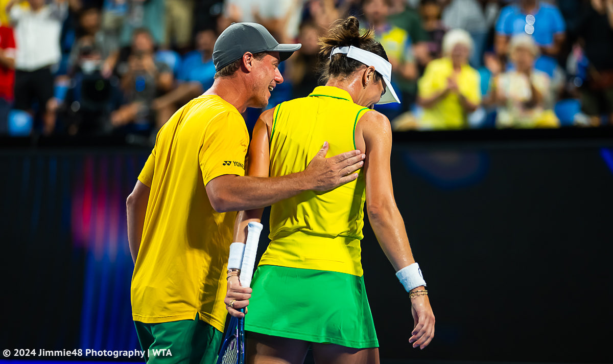 Well done, mate! Team captain Lleyton Hewitt celebrates with @Ajlatom after her win in Perth.