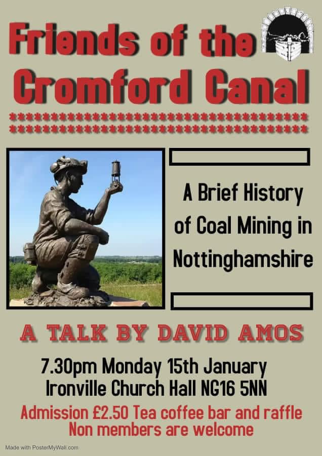 Illustrated talk on 'A Brief History of Coal Mining in Nottinghamshire' by @MuBuMiner at the next meeting of @FriendCromCanal on Monday, 15th January 2024 at 7.30pm. Visitors welcome.