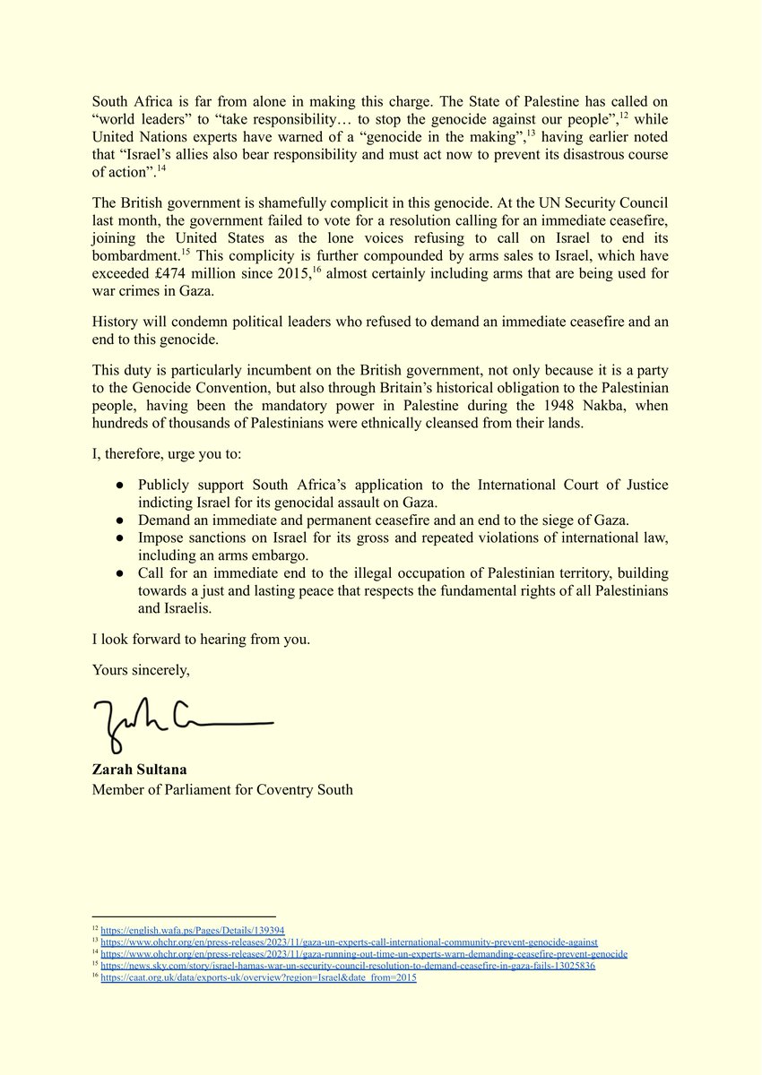 Next week the International Court of Justice will hear South Africa's case indicting Israel for its genocidal assault on Gaza. I have written to the Prime Minister, urging him to publicly support this case and to immediately end Britain's complicity in this atrocity: