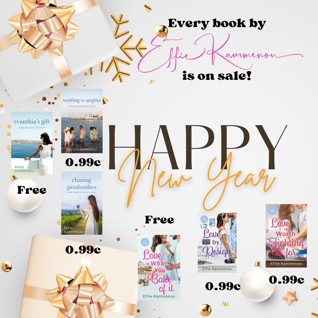 First time ever! ALL my books are on sale at the same time. The 1st book in each series is free on #Kindle from 12/28/23-1/1/24. (Evanthia’s Gift & Love is What You Bake of it.) The rest of the books in both series will be 0.99c until 1/3/24. #freekindlebooks #99centbooks #read