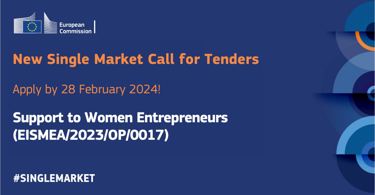 🆕#SingleMarket Call for Tenders! The general aims of the call are to collect data on challenges & barriers faced by women in #entrepreneurship and organise a media campaign on promoting female role models for girls & women. Learn more & apply by 28/02 europa.eu/!KVdKWP