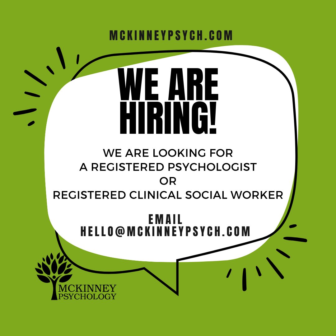 We are expanding!
 We are looking for a Registered Psychologist or a Registered Clinical Social Worker.  This is a contract position with a great deal of flexibility, a supportive team and diversity in caseload. Please email hello@mckinneypsych.com or call 403 783 1854